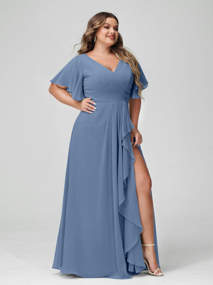 Vestidos de Dama de Honra Tamanho Grande Linha A/Princesa Decote Em V Meia Manga Chiffon Babados com Divisão Lateral