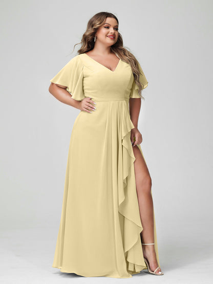 Vestidos de Dama de Honra Tamanho Grande Linha A/Princesa Decote Em V Meia Manga Chiffon Babados com Divisão Lateral