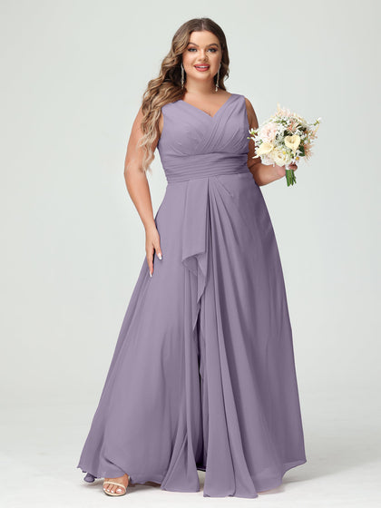 Vestidos Princesa/ Formato A com Decote Em V Sem Mangas Em Chiffon Babados Vestidos de Dama de Honra com Bolsos