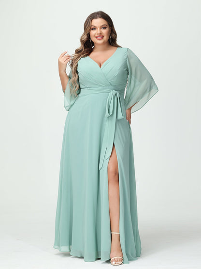 Vestidos Princesa/ Formato A Decote Em V Manga Comprida Chiffon Lado Dividido Plus Size Vestidos de Dama de Honra com Bolsos Cinto