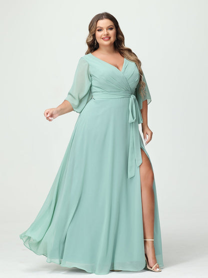 Vestidos Princesa/ Formato A Decote Em V Manga Comprida Chiffon Lado Dividido Plus Size Vestidos de Dama de Honra com Bolsos Cinto