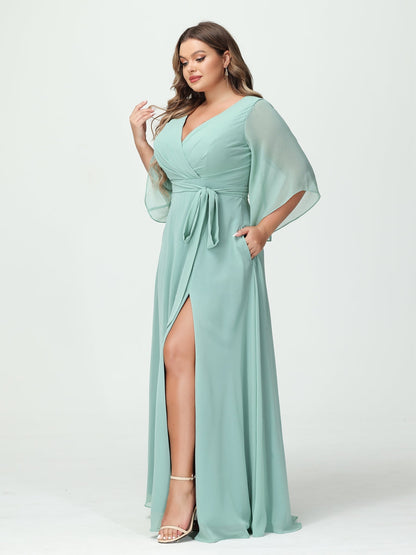 Vestidos Princesa/ Formato A Decote Em V Manga Comprida Chiffon Lado Dividido Plus Size Vestidos de Dama de Honra com Bolsos Cinto