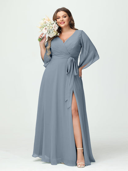 Vestidos Princesa/ Formato A Decote Em V Manga Comprida Chiffon Lado Dividido Plus Size Vestidos de Dama de Honra com Bolsos Cinto