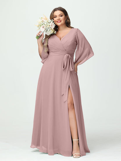 Vestidos Princesa/ Formato A Decote Em V Manga Comprida Chiffon Lado Dividido Plus Size Vestidos de Dama de Honra com Bolsos Cinto