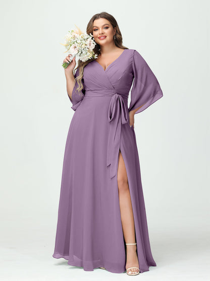 Vestidos Princesa/ Formato A Decote Em V Manga Comprida Chiffon Lado Dividido Plus Size Vestidos de Dama de Honra com Bolsos Cinto