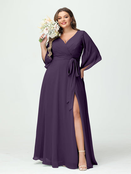 Vestidos Princesa/ Formato A Decote Em V Manga Comprida Chiffon Lado Dividido Plus Size Vestidos de Dama de Honra com Bolsos Cinto