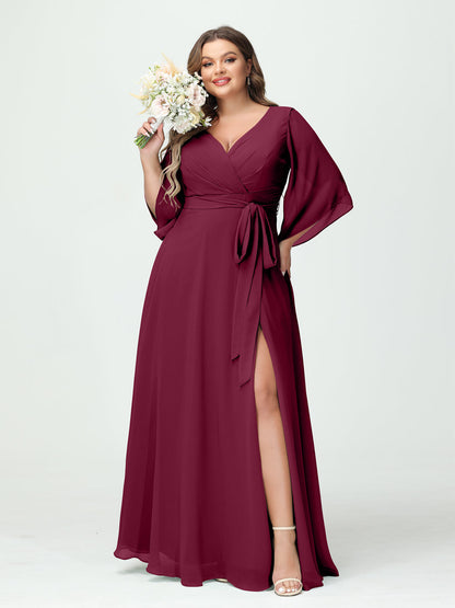 Vestidos Princesa/ Formato A Decote Em V Manga Comprida Chiffon Lado Dividido Plus Size Vestidos de Dama de Honra com Bolsos Cinto
