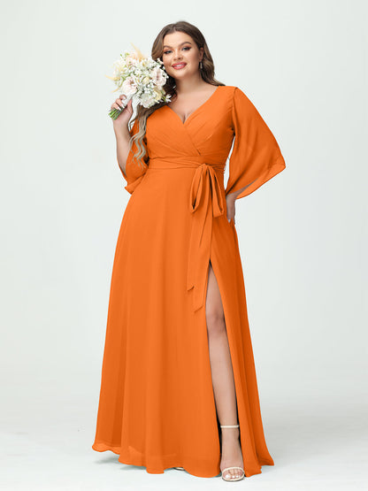 Vestidos Princesa/ Formato A Decote Em V Manga Comprida Chiffon Lado Dividido Plus Size Vestidos de Dama de Honra com Bolsos Cinto