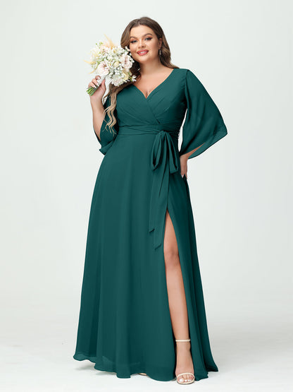 Vestidos Princesa/ Formato A Decote Em V Manga Comprida Chiffon Lado Dividido Plus Size Vestidos de Dama de Honra com Bolsos Cinto