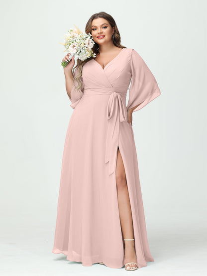 Vestidos Princesa/ Formato A Decote Em V Manga Comprida Chiffon Lado Dividido Plus Size Vestidos de Dama de Honra com Bolsos Cinto