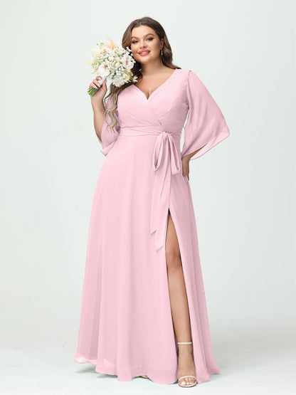 Vestidos Princesa/ Formato A Decote Em V Manga Comprida Chiffon Lado Dividido Plus Size Vestidos de Dama de Honra com Bolsos Cinto