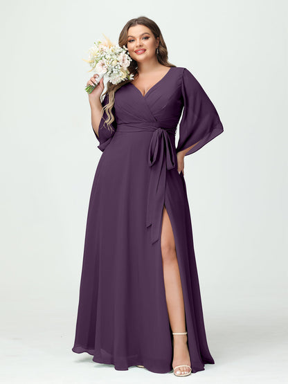 Vestidos Princesa/ Formato A Decote Em V Manga Comprida Chiffon Lado Dividido Plus Size Vestidos de Dama de Honra com Bolsos Cinto