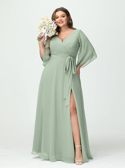 Vestidos Princesa/ Formato A Decote Em V Manga Comprida Chiffon Lado Dividido Plus Size Vestidos de Dama de Honra com Bolsos Cinto