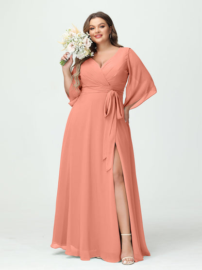Vestidos Princesa/ Formato A Decote Em V Manga Comprida Chiffon Lado Dividido Plus Size Vestidos de Dama de Honra com Bolsos Cinto