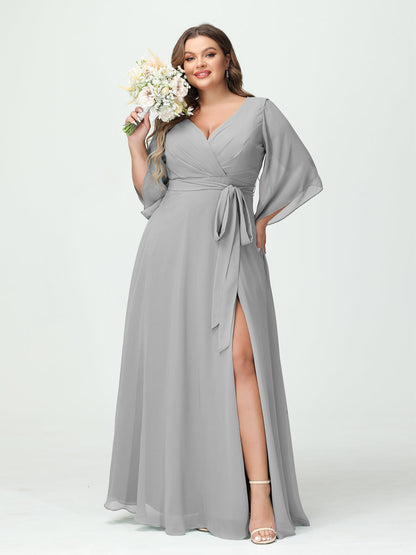 Vestidos Princesa/ Formato A Decote Em V Manga Comprida Chiffon Lado Dividido Plus Size Vestidos de Dama de Honra com Bolsos Cinto