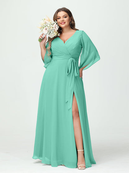 Vestidos Princesa/ Formato A Decote Em V Manga Comprida Chiffon Lado Dividido Plus Size Vestidos de Dama de Honra com Bolsos Cinto