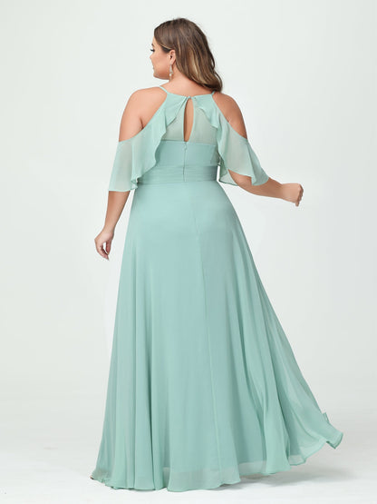 Vestidos Princesa/ Formato A com Alças Finas Manga Curta Chiffon Franzido Lado Dividido Vestidos de Dama de Honra Tamanho Grande com Bolsos