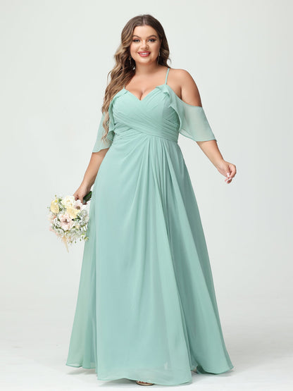 Vestidos Princesa/ Formato A com Alças Finas Manga Curta Chiffon Franzido Lado Dividido Vestidos de Dama de Honra Tamanho Grande com Bolsos