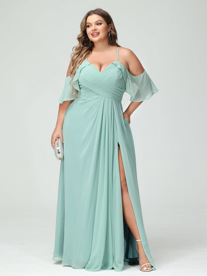 Vestidos Princesa/ Formato A com Alças Finas Manga Curta Chiffon Franzido Lado Dividido Vestidos de Dama de Honra Tamanho Grande com Bolsos