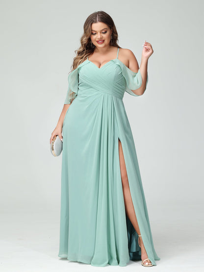 Vestidos Princesa/ Formato A com Alças Finas Manga Curta Chiffon Franzido Lado Dividido Vestidos de Dama de Honra Tamanho Grande com Bolsos
