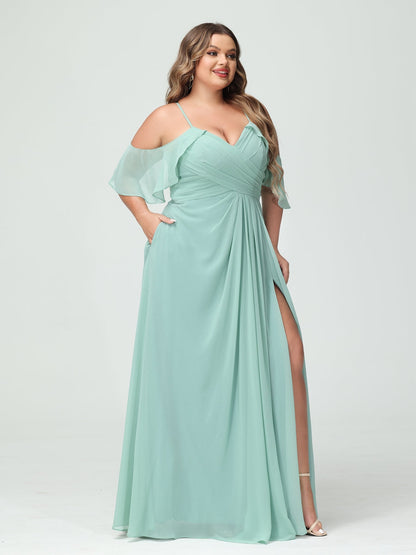 Vestidos Princesa/ Formato A com Alças Finas Manga Curta Chiffon Franzido Lado Dividido Vestidos de Dama de Honra Tamanho Grande com Bolsos