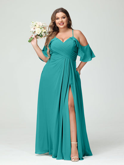 Vestidos Princesa/ Formato A com Alças Finas Manga Curta Chiffon Franzido Lado Dividido Vestidos de Dama de Honra Tamanho Grande com Bolsos