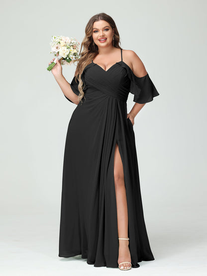 Vestidos Princesa/ Formato A com Alças Finas Manga Curta Chiffon Franzido Lado Dividido Vestidos de Dama de Honra Tamanho Grande com Bolsos