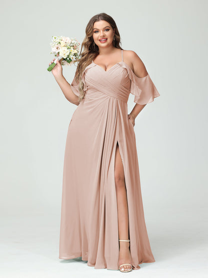 Vestidos Princesa/ Formato A com Alças Finas Manga Curta Chiffon Franzido Lado Dividido Vestidos de Dama de Honra Tamanho Grande com Bolsos