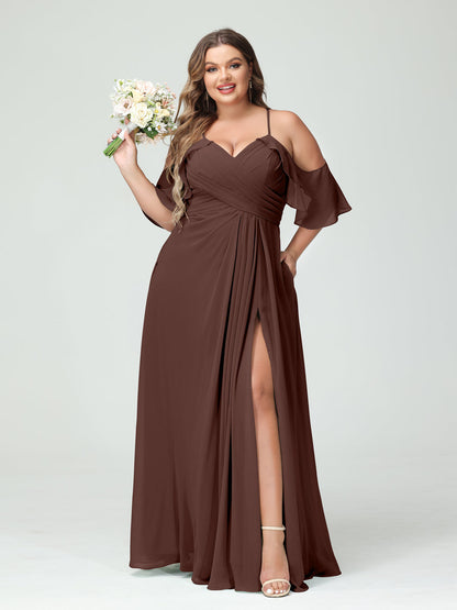 Vestidos Princesa/ Formato A com Alças Finas Manga Curta Chiffon Franzido Lado Dividido Vestidos de Dama de Honra Tamanho Grande com Bolsos