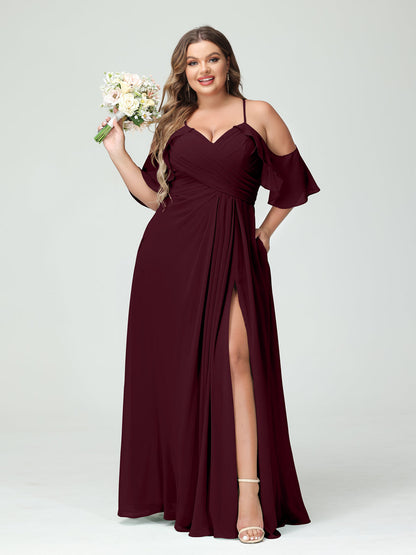 Vestidos Princesa/ Formato A com Alças Finas Manga Curta Chiffon Franzido Lado Dividido Vestidos de Dama de Honra Tamanho Grande com Bolsos