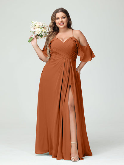 Vestidos Princesa/ Formato A com Alças Finas Manga Curta Chiffon Franzido Lado Dividido Vestidos de Dama de Honra Tamanho Grande com Bolsos
