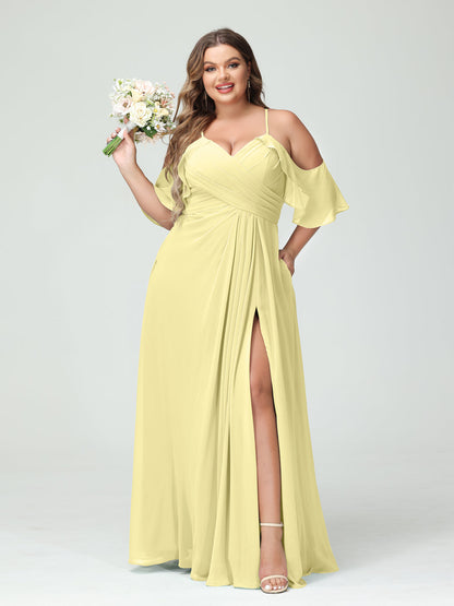 Vestidos Princesa/ Formato A com Alças Finas Manga Curta Chiffon Franzido Lado Dividido Vestidos de Dama de Honra Tamanho Grande com Bolsos