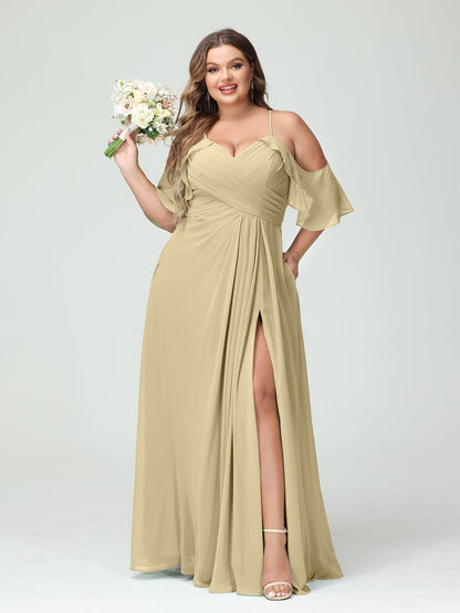 Vestidos Princesa/ Formato A com Alças Finas Manga Curta Chiffon Franzido Lado Dividido Vestidos de Dama de Honra Tamanho Grande com Bolsos