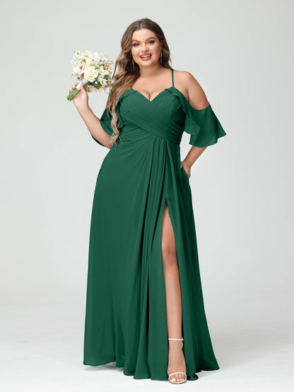 Vestidos Princesa/ Formato A com Alças Finas Manga Curta Chiffon Franzido Lado Dividido Vestidos de Dama de Honra Tamanho Grande com Bolsos