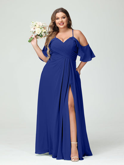 Vestidos Princesa/ Formato A com Alças Finas Manga Curta Chiffon Franzido Lado Dividido Vestidos de Dama de Honra Tamanho Grande com Bolsos