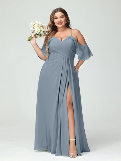 Vestidos Princesa/ Formato A com Alças Finas Manga Curta Chiffon Franzido Lado Dividido Vestidos de Dama de Honra Tamanho Grande com Bolsos