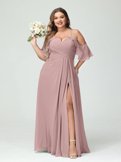 Vestidos Princesa/ Formato A com Alças Finas Manga Curta Chiffon Franzido Lado Dividido Vestidos de Dama de Honra Tamanho Grande com Bolsos