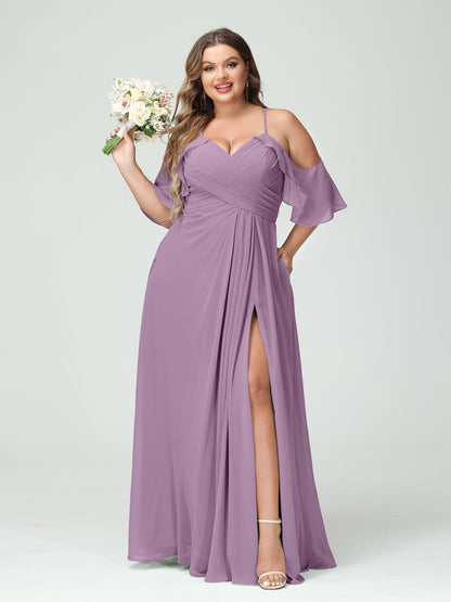 Vestidos Princesa/ Formato A com Alças Finas Manga Curta Chiffon Franzido Lado Dividido Vestidos de Dama de Honra Tamanho Grande com Bolsos