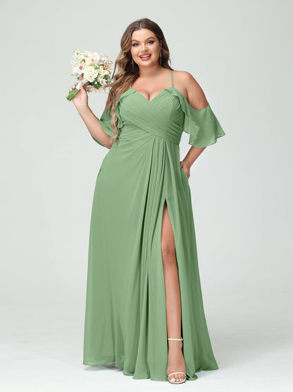 Vestidos Princesa/ Formato A com Alças Finas Manga Curta Chiffon Franzido Lado Dividido Vestidos de Dama de Honra Tamanho Grande com Bolsos