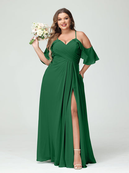 Vestidos Princesa/ Formato A com Alças Finas Manga Curta Chiffon Franzido Lado Dividido Vestidos de Dama de Honra Tamanho Grande com Bolsos