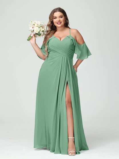 Vestidos Princesa/ Formato A com Alças Finas Manga Curta Chiffon Franzido Lado Dividido Vestidos de Dama de Honra Tamanho Grande com Bolsos