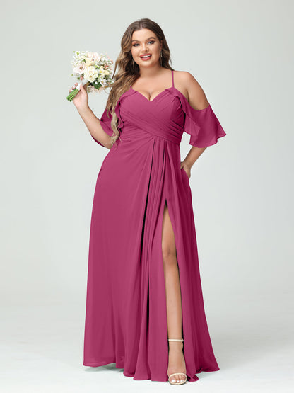 Vestidos Princesa/ Formato A com Alças Finas Manga Curta Chiffon Franzido Lado Dividido Vestidos de Dama de Honra Tamanho Grande com Bolsos
