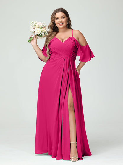 Vestidos Princesa/ Formato A com Alças Finas Manga Curta Chiffon Franzido Lado Dividido Vestidos de Dama de Honra Tamanho Grande com Bolsos