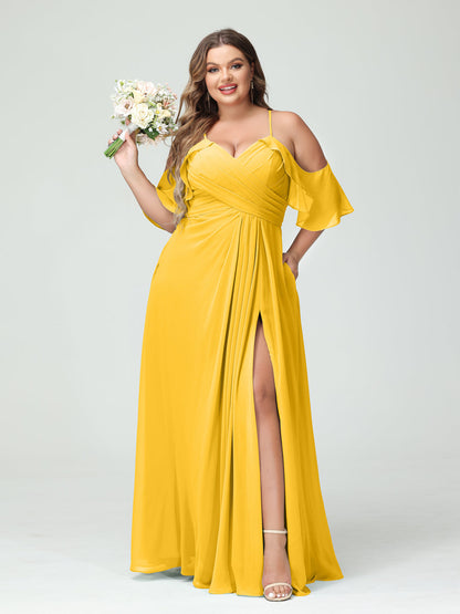 Vestidos Princesa/ Formato A com Alças Finas Manga Curta Chiffon Franzido Lado Dividido Vestidos de Dama de Honra Tamanho Grande com Bolsos