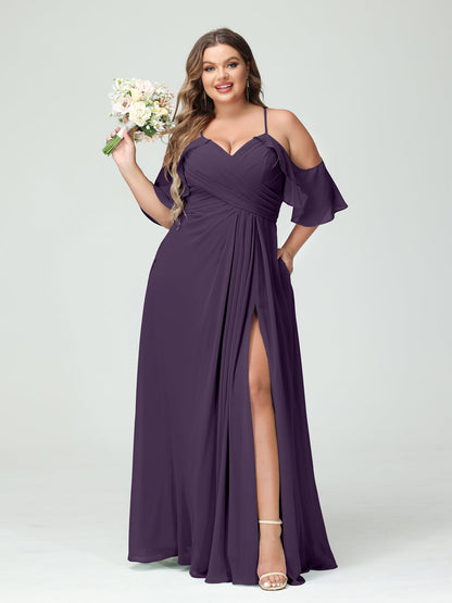 Vestidos Princesa/ Formato A com Alças Finas Manga Curta Chiffon Franzido Lado Dividido Vestidos de Dama de Honra Tamanho Grande com Bolsos
