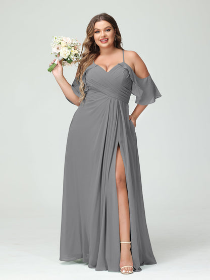 Vestidos Princesa/ Formato A com Alças Finas Manga Curta Chiffon Franzido Lado Dividido Vestidos de Dama de Honra Tamanho Grande com Bolsos