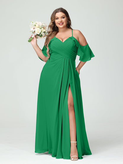 Vestidos Princesa/ Formato A com Alças Finas Manga Curta Chiffon Franzido Lado Dividido Vestidos de Dama de Honra Tamanho Grande com Bolsos