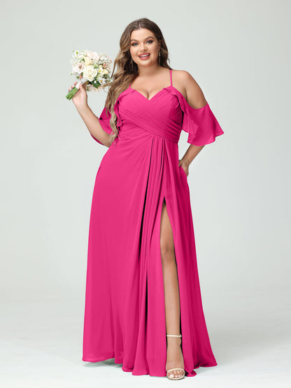 Vestidos Princesa/ Formato A com Alças Finas Manga Curta Chiffon Franzido Lado Dividido Vestidos de Dama de Honra Tamanho Grande com Bolsos