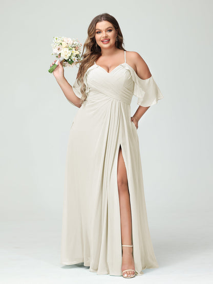 Vestidos Princesa/ Formato A com Alças Finas Manga Curta Chiffon Franzido Lado Dividido Vestidos de Dama de Honra Tamanho Grande com Bolsos
