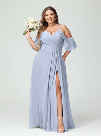 Vestidos Princesa/ Formato A com Alças Finas Manga Curta Chiffon Franzido Lado Dividido Vestidos de Dama de Honra Tamanho Grande com Bolsos